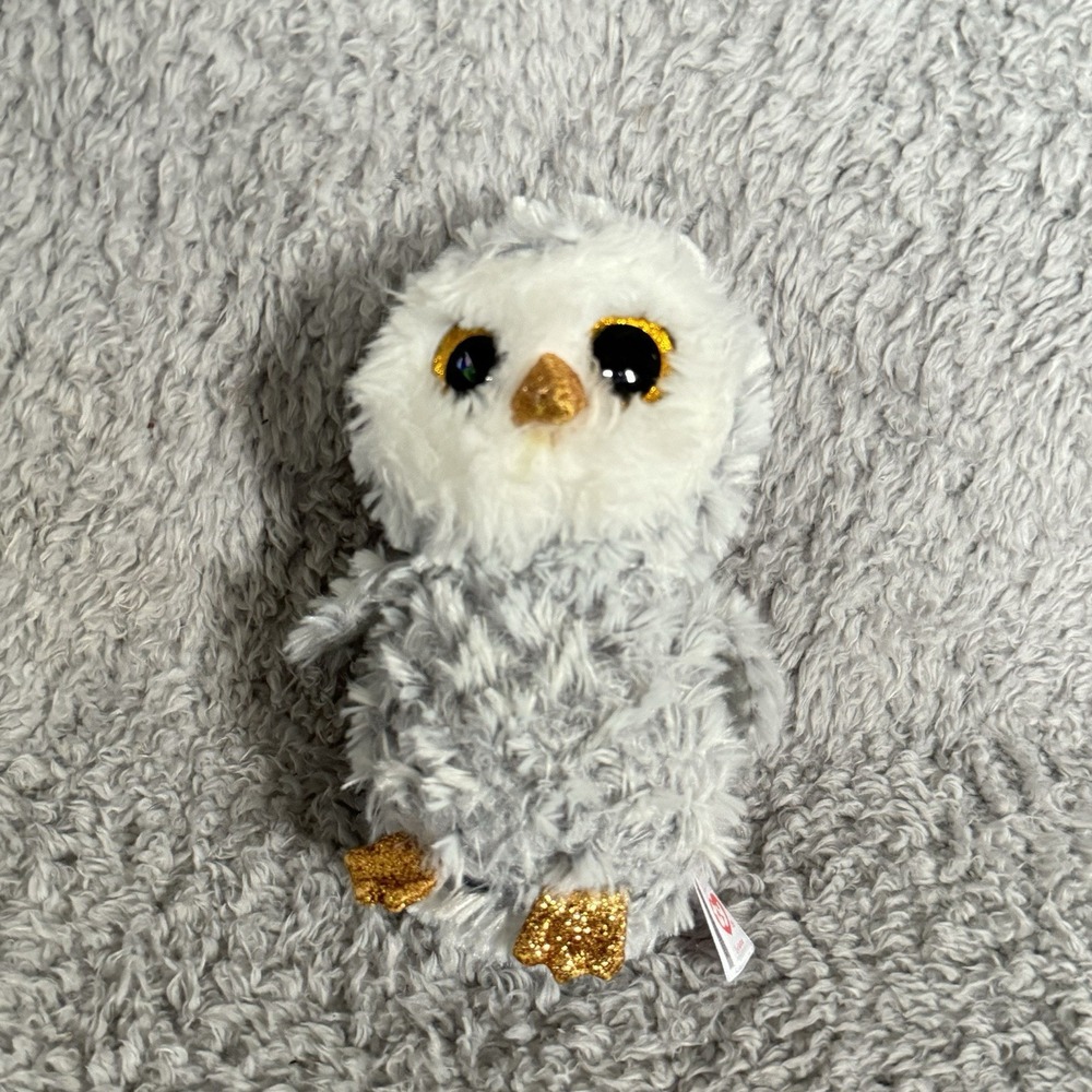Ty Beanie Boos Owlette Owl Plush Gray Stuffed Animal Toy Gold Glitter Eyes - Picture 2 of 8